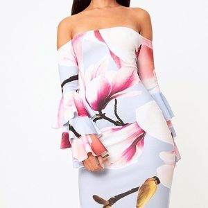 Blue Floral Bardot Ruffle Sleeve Midi Dress